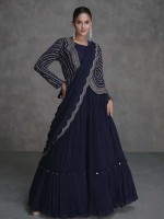 Dark Blue Real Organza Silk Shrug Style Lehenga Choli